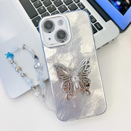 

For iPhone 13 Plating Glitter Lens Film Texture Butterfly Holder Wristband Phone Case(White Tinfoil Texture)