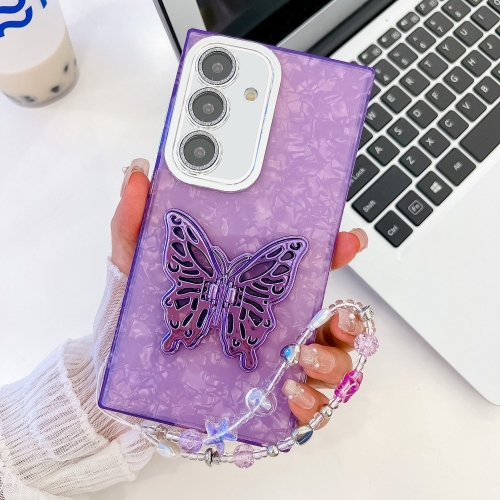 

For Samsung Galaxy S24 FE 5G Plating Glitter Lens Film Texture Butterfly Holder Wristband Phone Case(Purple Shell Pattern)