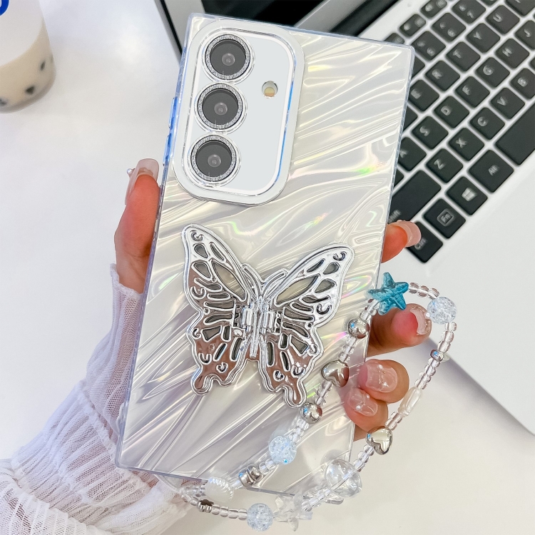 

For Samsung Galaxy S24+ 5G Plating Glitter Lens Film Texture Butterfly Holder Wristband Phone Case(White Water Ripples)