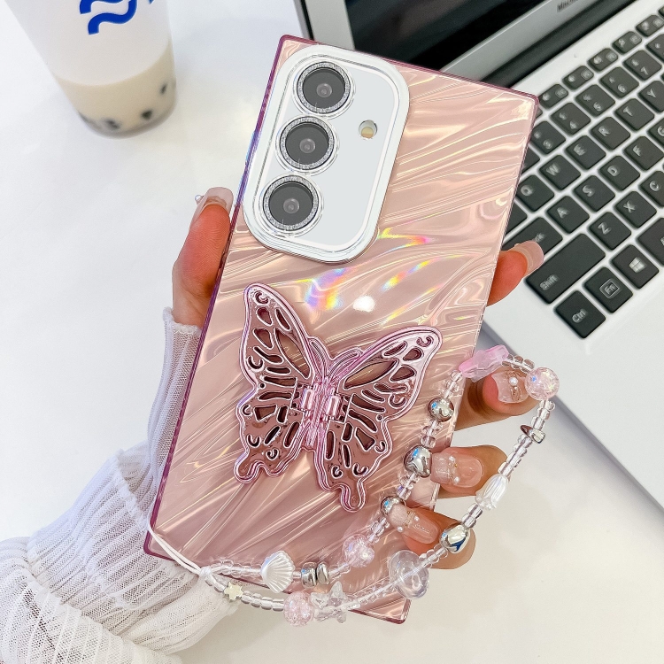 

For Samsung Galaxy S24+ 5G Plating Glitter Lens Film Texture Butterfly Holder Wristband Phone Case(Pink Water Ripples)