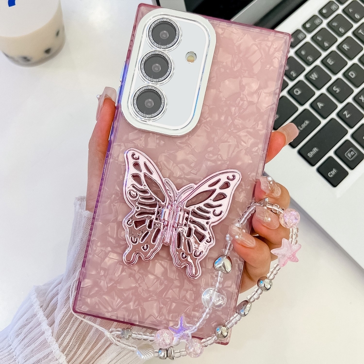 

For Samsung Galaxy S24+ 5G Plating Glitter Lens Film Texture Butterfly Holder Wristband Phone Case(Pink Shell Pattern)
