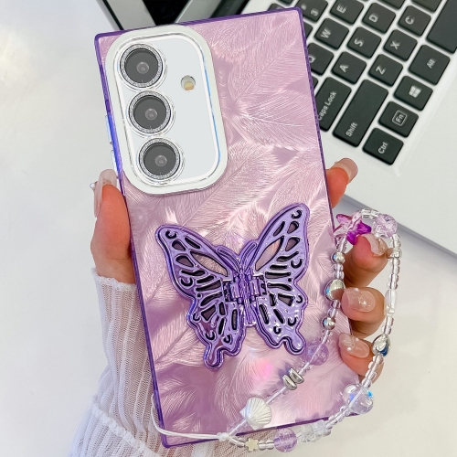 For Samsung Galaxy S24+ 5G Plating Glitter Lens Film Texture Butterfly Holder Wristband Phone Case(Purple Feathers)