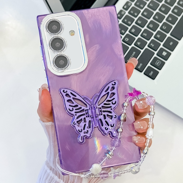 

For Samsung Galaxy S24 5G Plating Glitter Lens Film Texture Butterfly Holder Wristband Phone Case(Purple Feather Yarn)