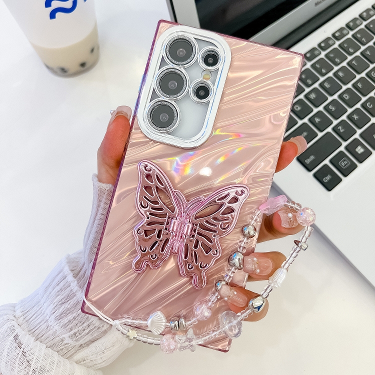 

For Samsung Galaxy S23 Ultra 5G Plating Glitter Lens Film Texture Butterfly Holder Wristband Phone Case(Pink Water Ripples)