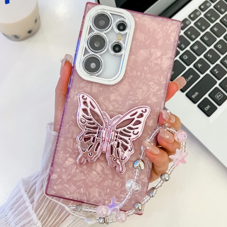 

For Samsung Galaxy S23 Ultra 5G Plating Glitter Lens Film Texture Butterfly Holder Wristband Phone Case(Pink Shell Pattern)