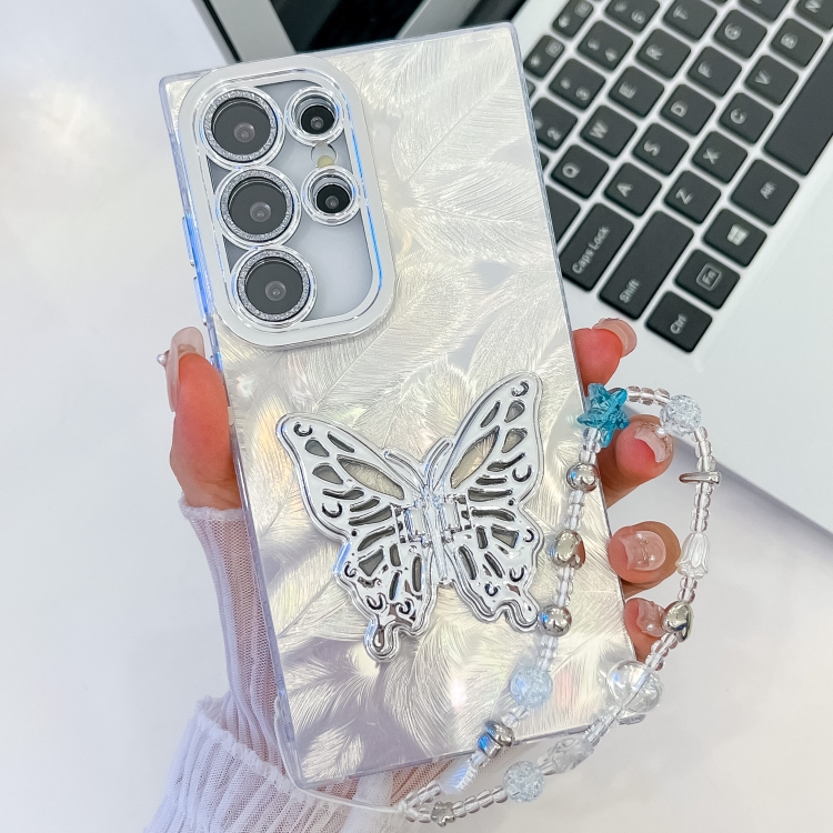 

For Samsung Galaxy S23 Ultra 5G Plating Glitter Lens Film Texture Butterfly Holder Wristband Phone Case(White Feathers)