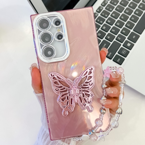 

For Samsung Galaxy S23 Ultra 5G Plating Glitter Lens Film Texture Butterfly Holder Wristband Phone Case(Pink Feather Yarn)