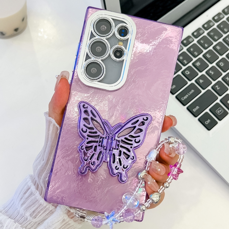 

For Samsung Galaxy S23 Ultra 5G Plating Glitter Lens Film Texture Butterfly Holder Wristband Phone Case(Purple Tinfoil Texture)