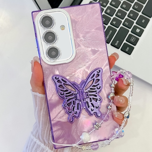 

For Samsung Galaxy S25+ 5G Plating Glitter Lens Film Texture Butterfly Holder Wristband Phone Case(Purple Feathers)