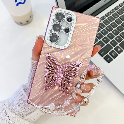 For Samsung Galaxy S25 Ultra 5G Plating Glitter Lens Film Texture Butterfly Holder Wristband Phone Case(Pink Water Ripples)