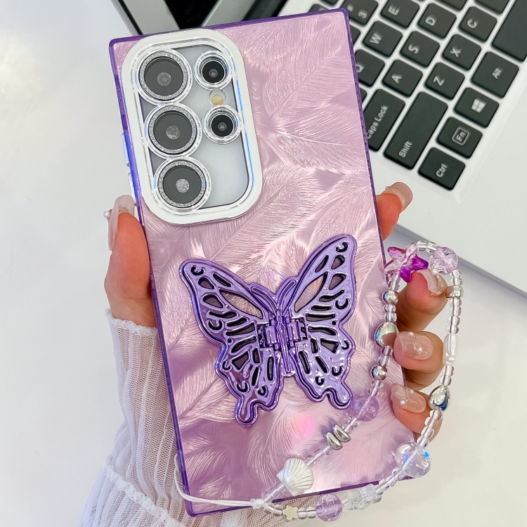 

For Samsung Galaxy S25 Ultra 5G Plating Glitter Lens Film Texture Butterfly Holder Wristband Phone Case(Purple Feathers)