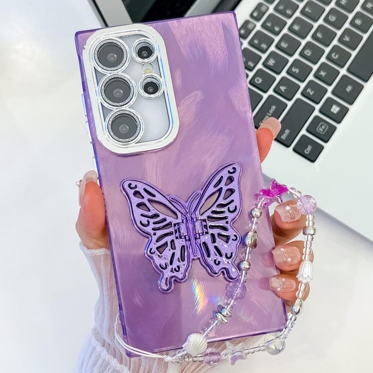 

For Samsung Galaxy S25 Ultra 5G Plating Glitter Lens Film Texture Butterfly Holder Wristband Phone Case(Purple Feather Yarn)