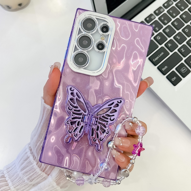 

For Samsung Galaxy S25 Ultra 5G Plating Glitter Lens Film Texture Butterfly Holder Wristband Phone Case(Purple Wrinkles)