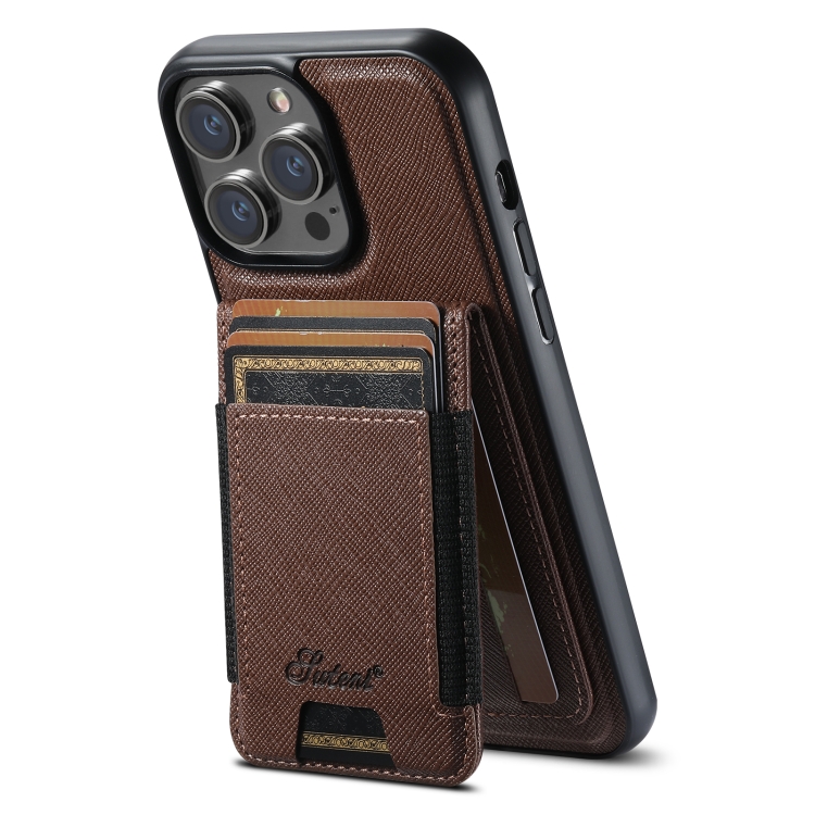 For iPhone 16 Pro Suteni H17 Cross Grain Leather MagSafe Detachable Wallet Phone Case(Brown) — купить у Sunsky-online WW