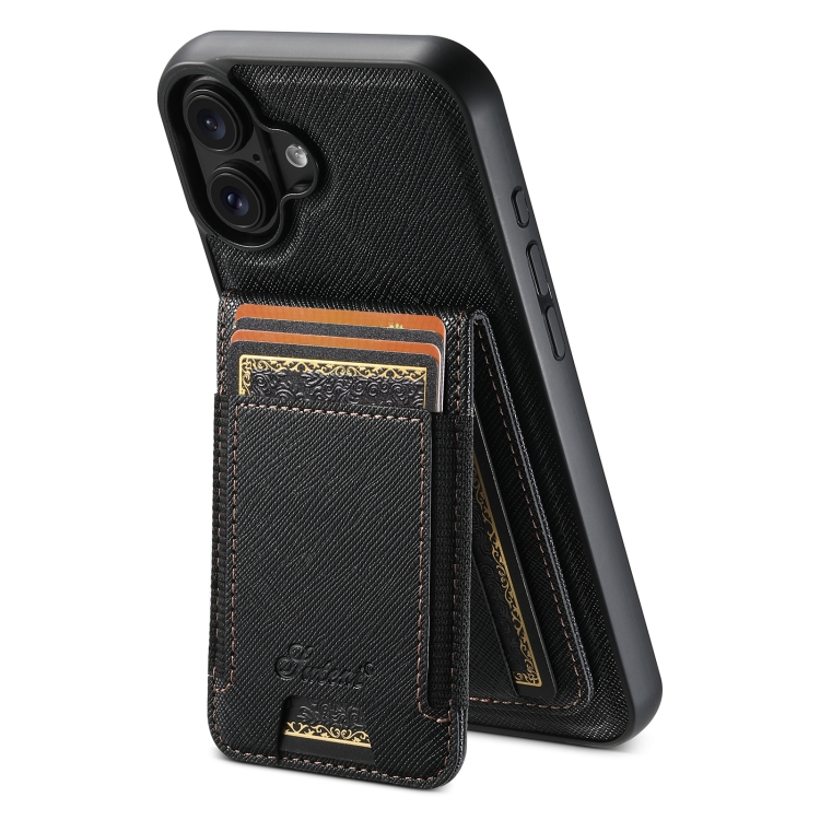 For iPhone 16 Suteni H17 Cross Grain Leather MagSafe Detachable Wallet Phone Case(Black) — купить у Sunsky-online WW