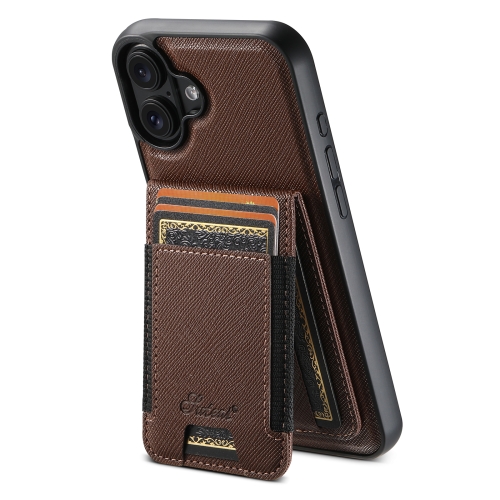 

For iPhone 16 Suteni H17 Cross Grain Leather MagSafe Detachable Wallet Phone Case(Brown)