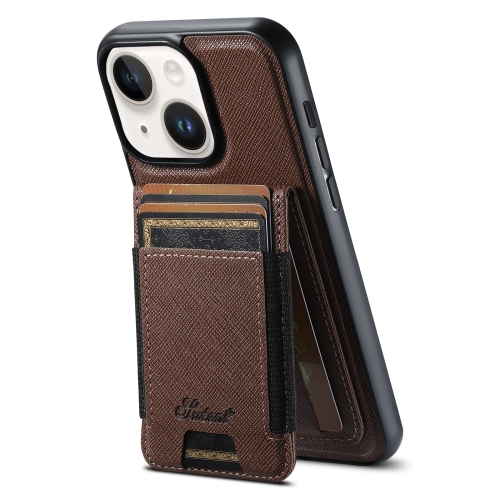 

For iPhone 15 Plus Suteni H17 Cross Grain Leather MagSafe Detachable Wallet Phone Case(Brown)