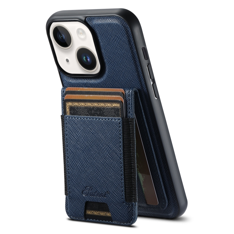 

For iPhone 15 Plus Suteni H17 Cross Grain Leather MagSafe Detachable Wallet Phone Case(Blue)
