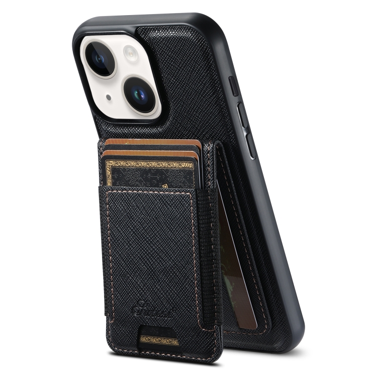 

For iPhone 15 Suteni H17 Cross Grain Leather MagSafe Detachable Wallet Phone Case(Black)