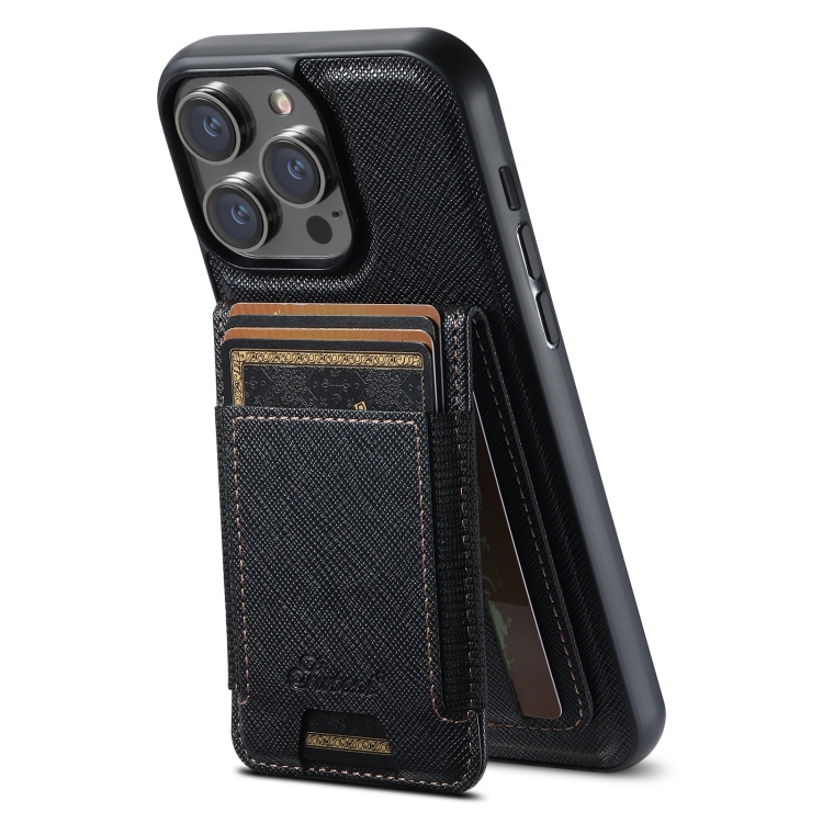 For iPhone 14 Pro Max Suteni H17 Cross Grain Leather MagSafe Detachable Wallet Phone Case(Black) — купить у Sunsky-online WW