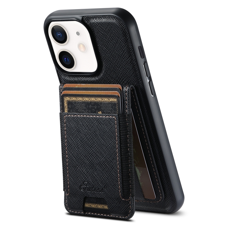 

For iPhone 12 Suteni H17 Cross Grain Leather MagSafe Detachable Wallet Phone Case(Black)