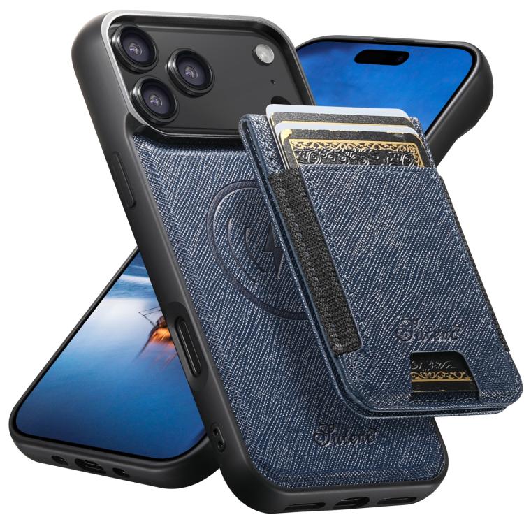 For iPhone 17 Pro Max Suteni H17 Cross Grain Leather MagSafe Detachable Wallet Phone Case(Blue) — купить у Sunsky-online WW