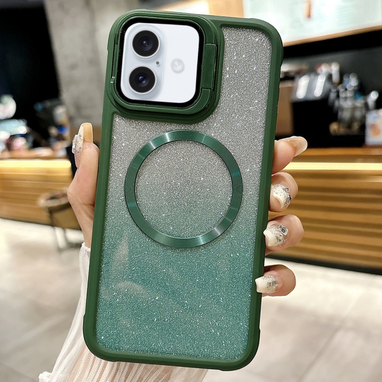 

For iPhone 16 Plus CD-grain Gradient Glitter Magsafe Acrylic Hybrid TPU Phone Case(Green)