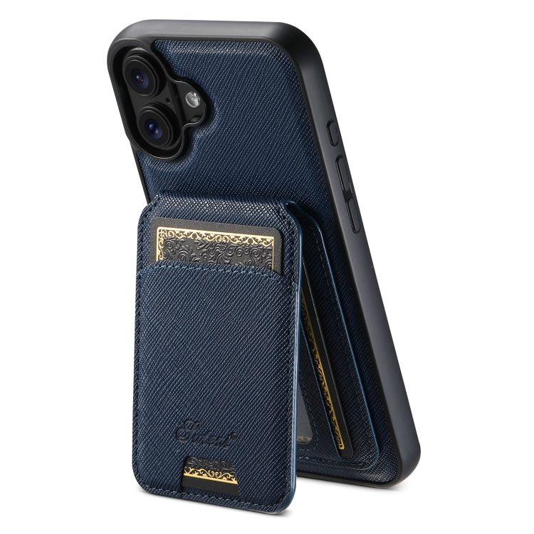 For iPhone 16 Plus Suteni H18 Cross Grain MagSafe Wallet Leather Phone Case(Blue)