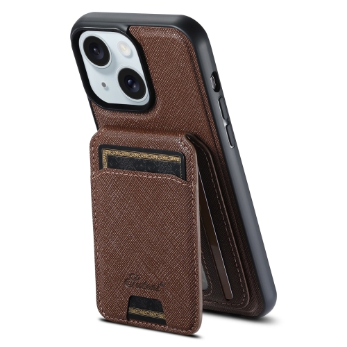 

For iPhone 15 Plus Suteni H18 Cross Grain MagSafe Wallet Leather Phone Case(Brown)