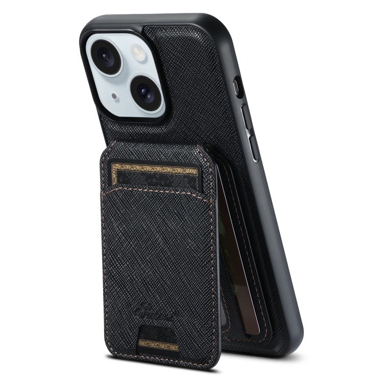 For iPhone 15 Suteni H18 Cross Grain MagSafe Wallet Leather Phone Case(Black)