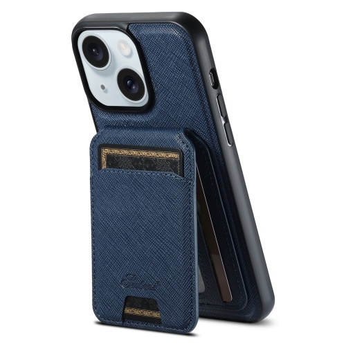 

For iPhone 15 Suteni H18 Cross Grain MagSafe Wallet Leather Phone Case(Blue)