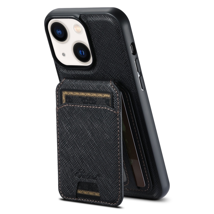 

For iPhone 14 Plus Suteni H18 Cross Grain MagSafe Wallet Leather Phone Case(Black)