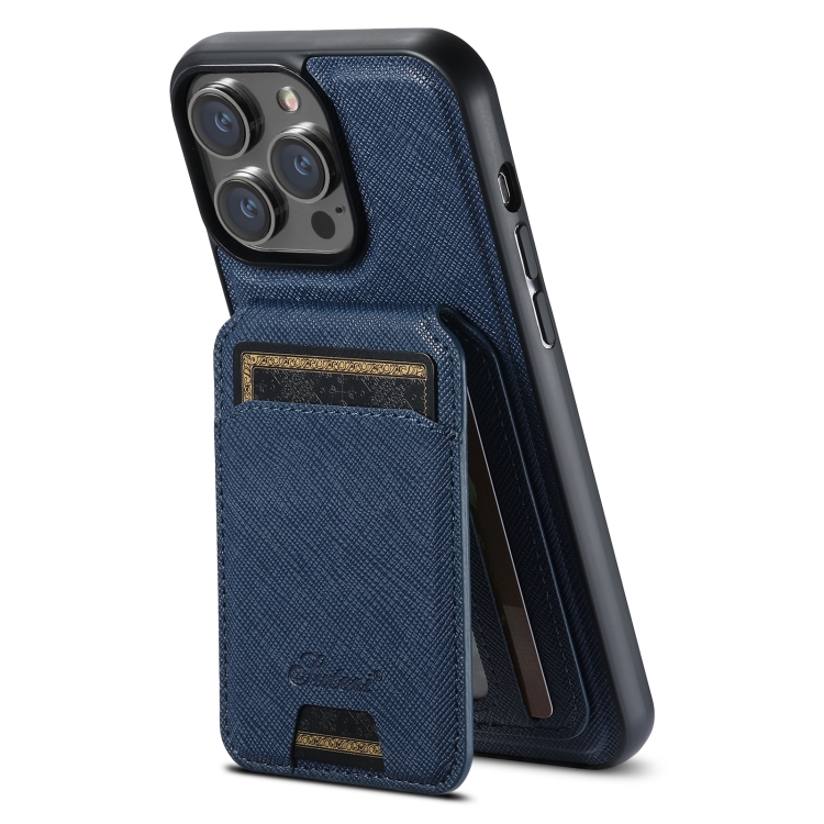 For iPhone 14 Pro Suteni H18 Cross Grain MagSafe Wallet Leather Phone Case(Blue)