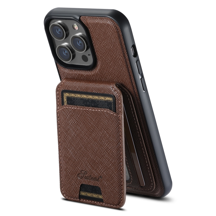 

For iPhone 13 Pro Max Suteni H18 Cross Grain MagSafe Wallet Leather Phone Case(Brown)