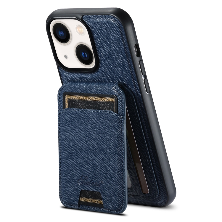 

For iPhone 13 Suteni H18 Cross Grain MagSafe Wallet Leather Phone Case(Blue)