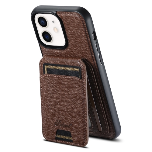 

For iPhone 12 Suteni H18 Cross Grain MagSafe Wallet Leather Phone Case(Brown)