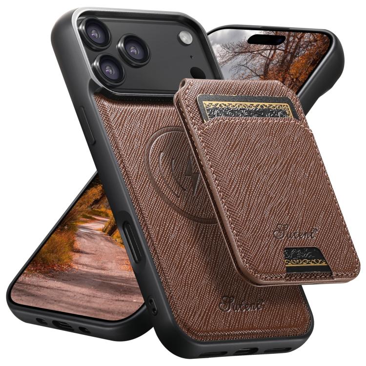 For iPhone 17 Pro Max Suteni H18 Cross Grain MagSafe Wallet Leather Phone Case(Brown)