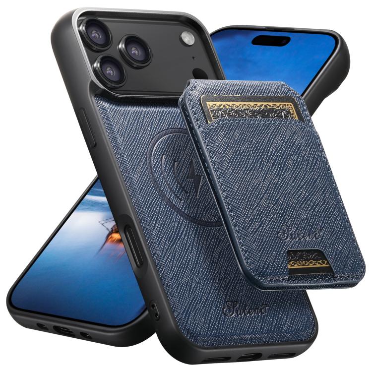 For iPhone 18 Pro Suteni H18 Cross Grain MagSafe Wallet Leather Phone Case(Blue)