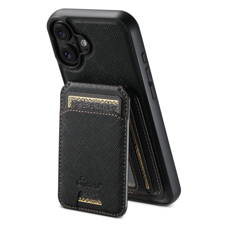 For iPhone 18 Suteni H18 Cross Grain MagSafe Wallet Leather Phone Case(Black)