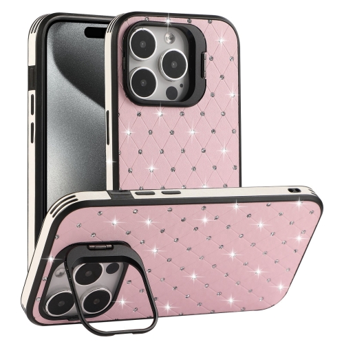 

For iPhone 15 Pro Max Starry Bling Diamonds Lens Holder Phone Case(Pink)