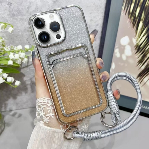 

For iPhone 15 Pro Max Plating Gradient Glitter TPU Phone Case with Card Slot & Strap(Silver)