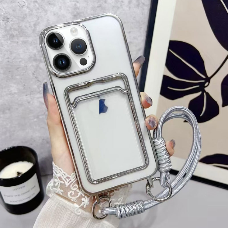 

For iPhone 15 Pro Max Plating Clear TPU Phone Case with Card Slot & Strap(Silver)