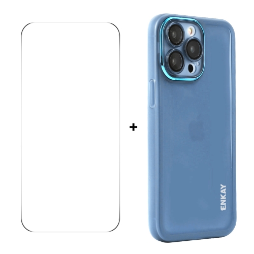 

For iPhone 15 Pro Max ENKAY Hat-Prince Translucent Matte TPU Phone Case with Lens Film + 9H Big Arc Edge Film(Blue)