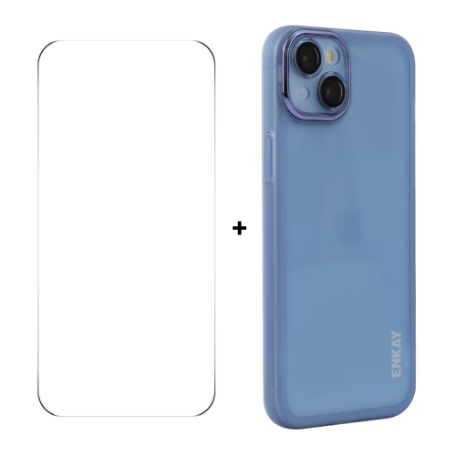 

For iPhone 15 ENKAY Hat-Prince Translucent Matte TPU Phone Case with Lens Film + 9H Big Arc Edge Film(Blue)