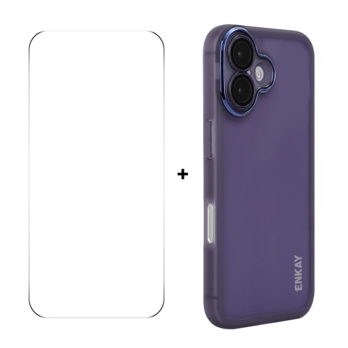 

For iPhone 16 Plus ENKAY Hat-Prince Translucent Matte TPU Phone Case with Lens Film + 9H Big Arc Edge Film(Purple)