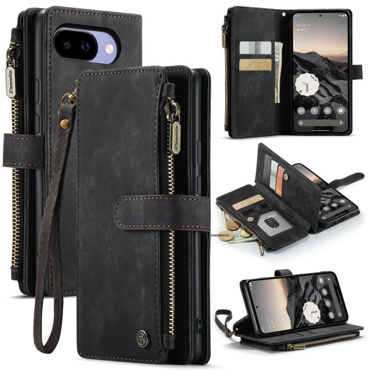 

For Google Pixel 10a CaseMe C30 Card Slots Zipper Wallet Leather Phone Case(Black)