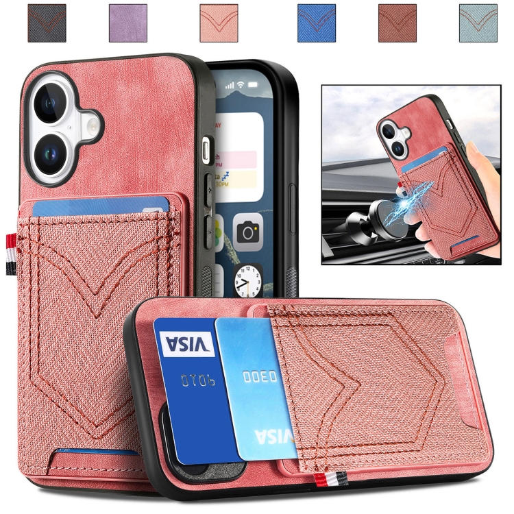 

For iPhone 16 Denim Texture Leather Skin Phone Case with Card Slot(Pink)