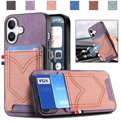 

For iPhone 16 Denim Texture Leather Skin Phone Case with Card Slot(Purple)