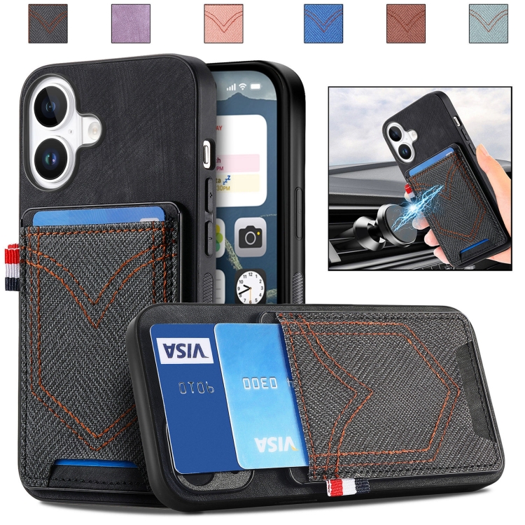 

For iPhone 16 Plus Denim Texture Leather Skin Phone Case with Card Slot(Black)