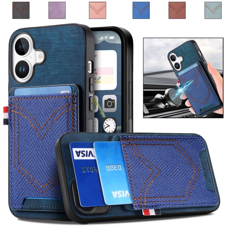 

For iPhone 16 Plus Denim Texture Leather Skin Phone Case with Card Slot(Blue)
